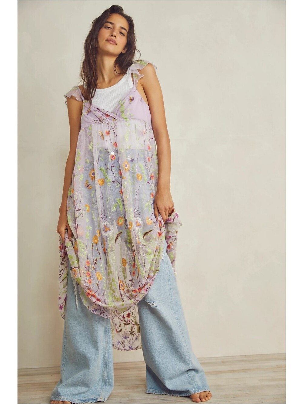 Intimately Free People Daphne Floral Embroidered Slip Purple Nwot